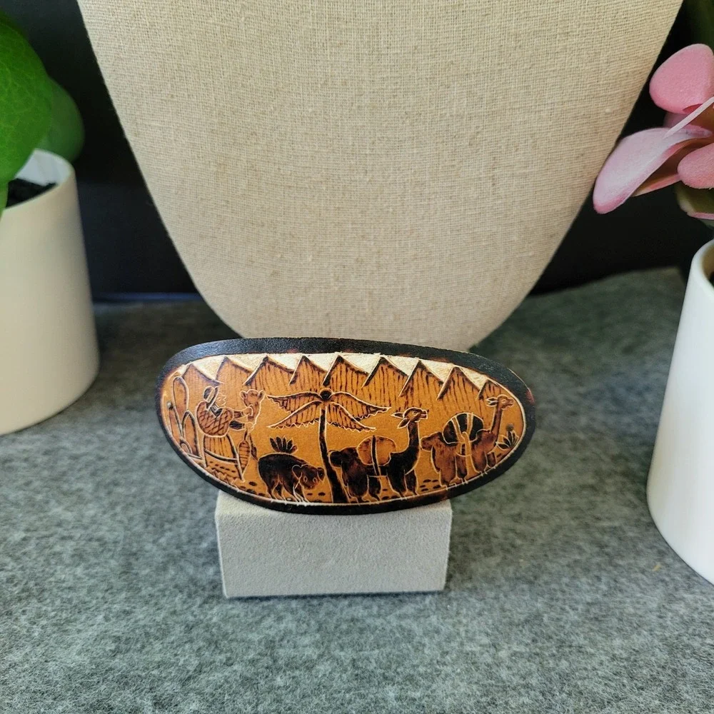 Safari Wildlife Scene Oval Hair Barrette Etched Pictorial Boho Statement Alpaca